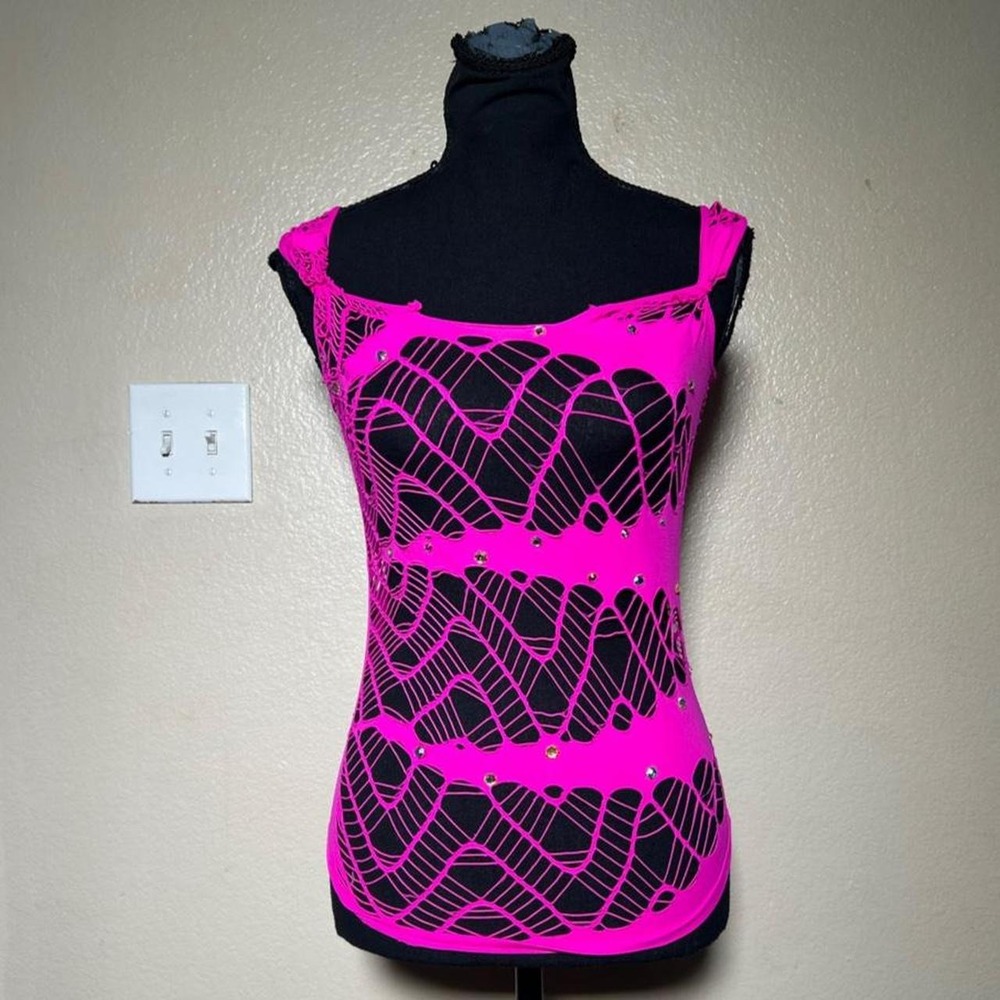 Bombetta Y2K Hot Pink Mesh Rhinestone Fishnet Rave Top One Size Vintage 2000s